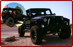 Front and side view of black pick up jeep